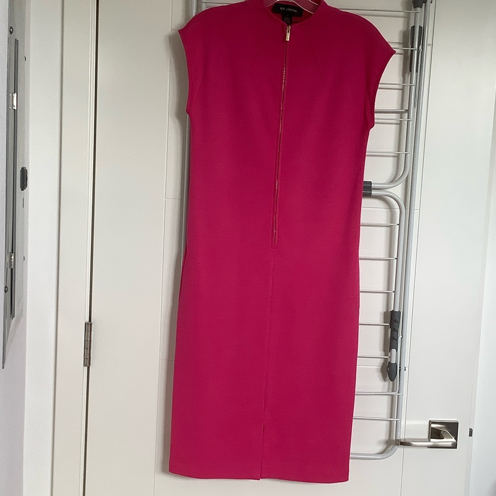 St. John Fuchsia Wool Blend Knit Midi Dress w/Pockets - Sz 0